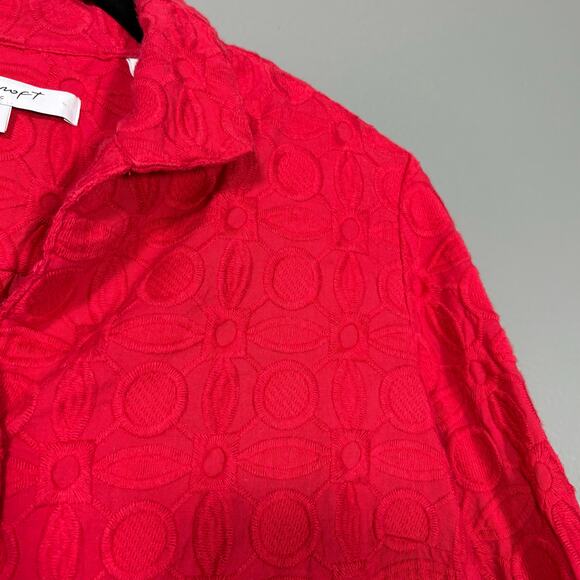Foxcroft Women's Red Embroidered Shacket Button Up Shirt - Size 6P - Petite Top - Picture 2 of 7